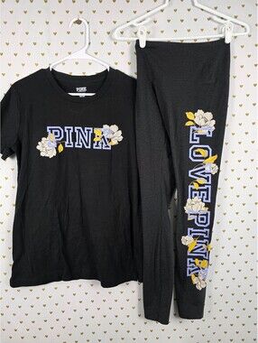 Victorias Secret PINK Floral Logo SET Tee shirt Yoga Pants XS SET OUTFIT